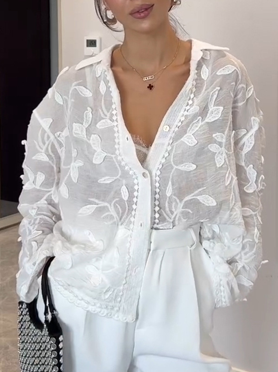 Shawl Collar Long Sleeve Embroidery Patterns Regular Loose Shirt For Women