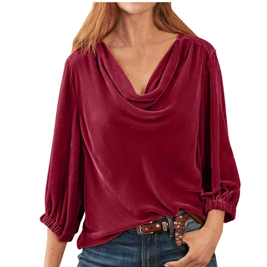 Cowl Neck Three Quarter Sleeve Plain Regular Loose Blouse For Women