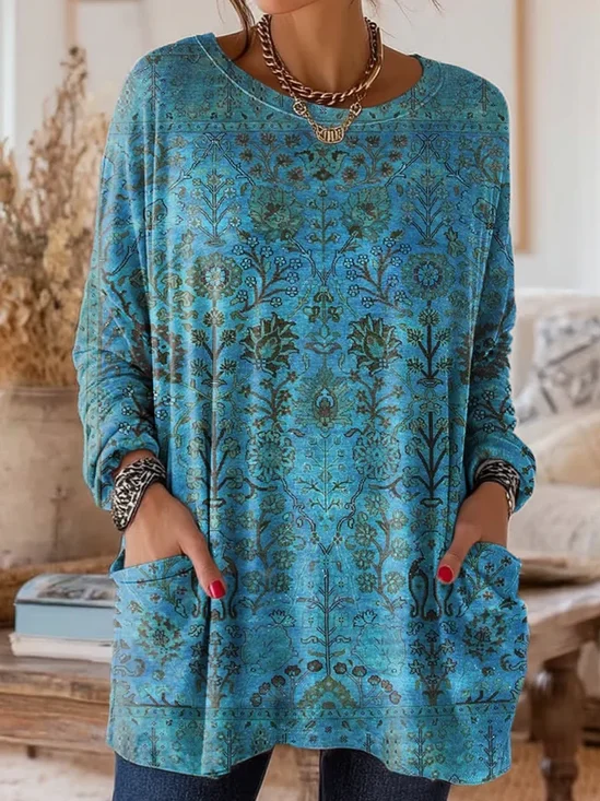 Vintage Floral Crew Neck Long Sleeve T-shirt