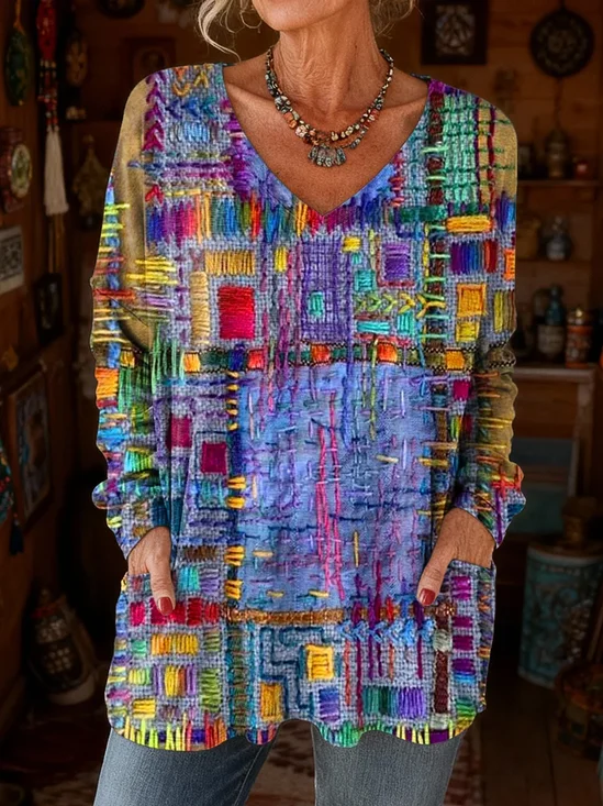Vintage Abstract V Neck Long Sleeve T-shirt