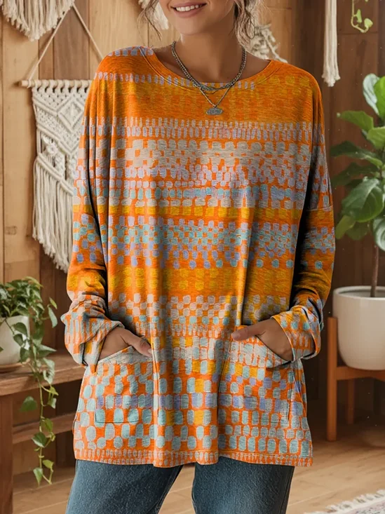 Vintage Abstract Crew Neck Long Sleeve T-shirt