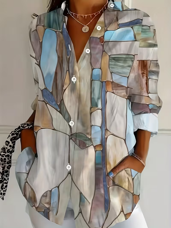Shirt Collar Regular Sleeve Long Sleeve Abstract Buckle Regular Loose Button Up Shirt Shirt For Women
