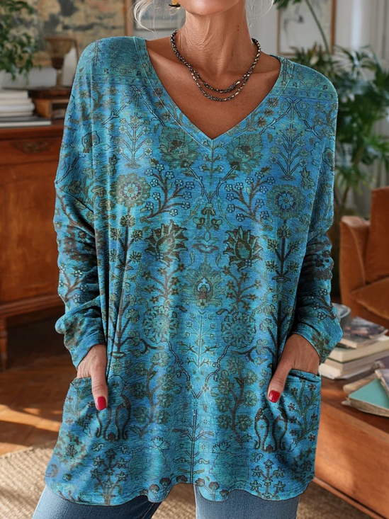 Vintage Floral V Neck Long Sleeve T-shirt