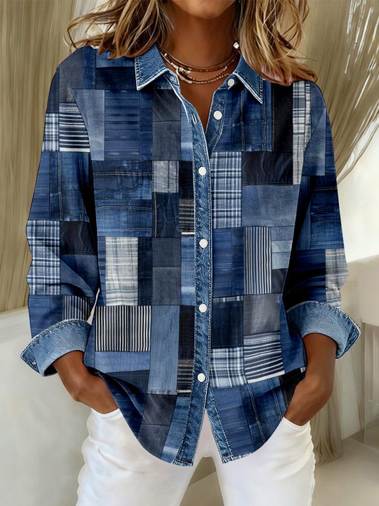 Shirt Collar Regular Sleeve Long Sleeve Faux Denim Print Graphic Buckle Regular Loose Button Up Shirt Shirt For Women
