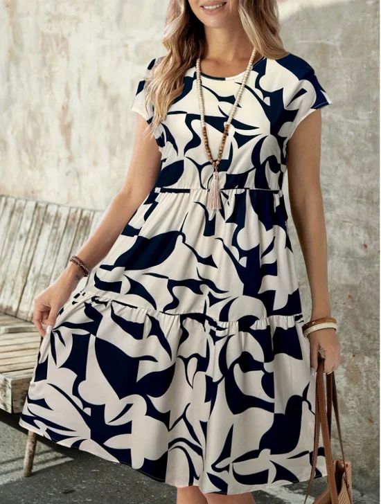 Women Botanical Pattern Summer Dress Crew Neck Short Sleeve Fit & Flare Dress A-Line Dress