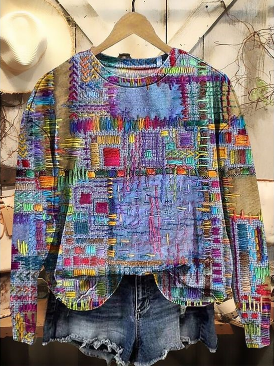 Casual Crew Neck Abstract Sweatshirt Printing