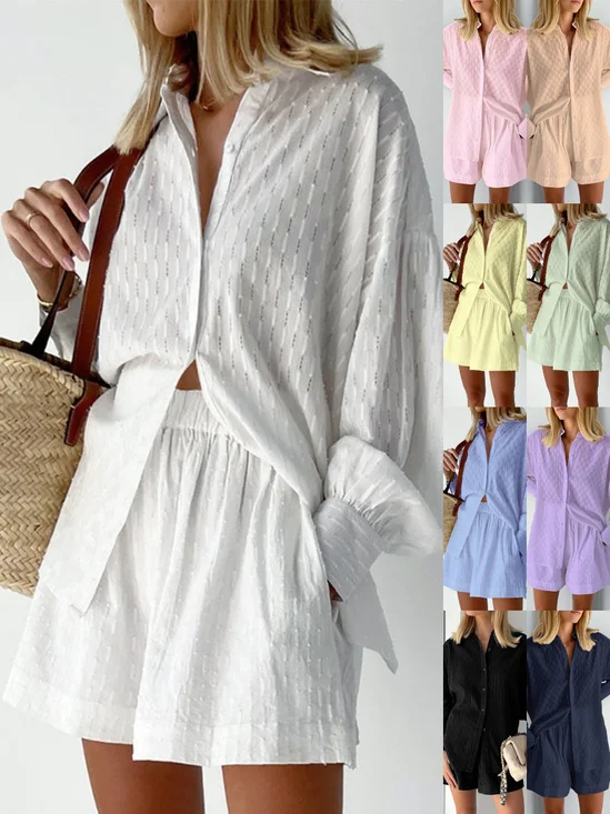 Women Plain Jacquard Two-Piece Set Daily Long Sleeve Casual Spring/Fall Top With Pants Matching Set