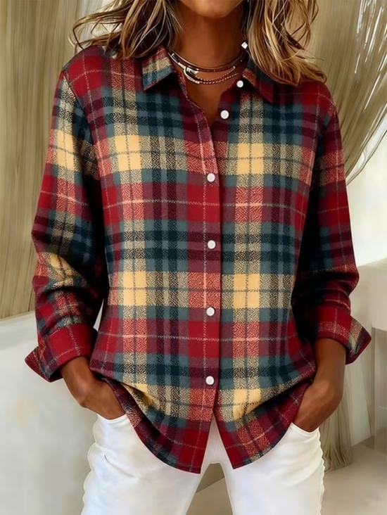 Shirt Collar Regular Sleeve Long Sleeve Plaid Buckle Regular Loose Button Up Shirt Shirt For Women