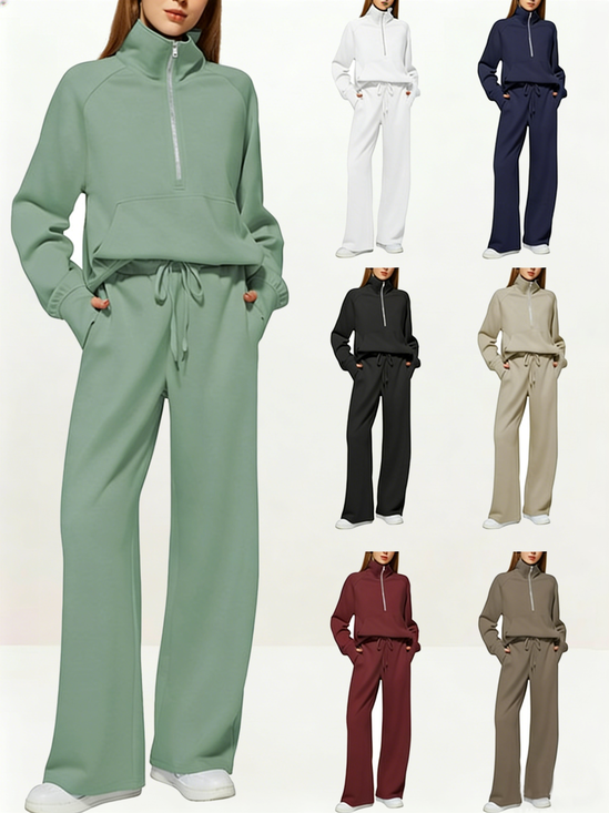 Women Plain Two-Piece Set Daily Long Sleeve Casual Spring/Fall Top With Pants Matching Set