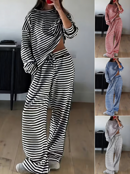 Women Striped Two-Piece Set Daily Long Sleeve Vintage Spring/Fall Top With Pants Matching Set