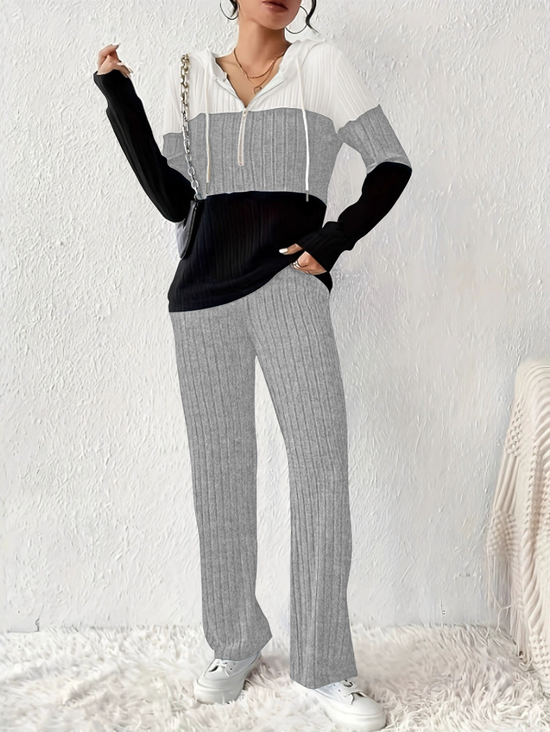 Women Color Block Two-Piece Set Daily Long Sleeve Casual Spring/Fall Top With Pants Matching Set