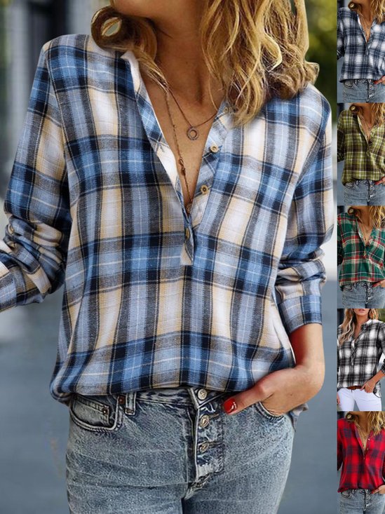 V Neck Long Sleeve Plaid Split Joint Regular Micro-Elasticity Loose Button Up Shirt Shirt For Women