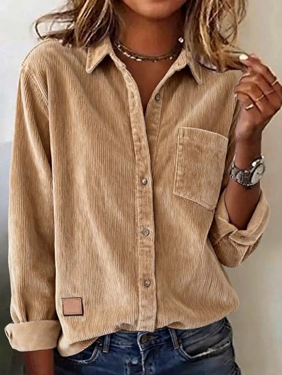 Shawl Collar Long Sleeve Plain Split Joint Regular Micro-Elasticity Loose Button Up Shirt Shirt For Women