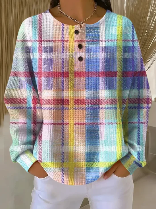 Casual Crew Neck Abstract Plaid Sweatshirt Printing