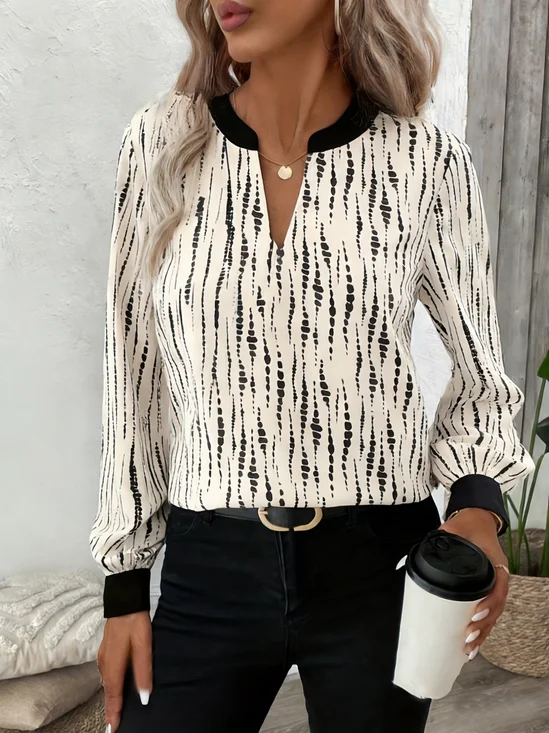 V Neck Long Sleeve Striped Regular Loose Blouse For Women