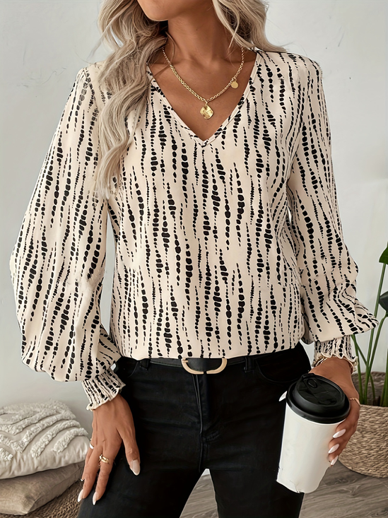 V Neck Long Sleeve Striped Regular Loose Blouse For Women