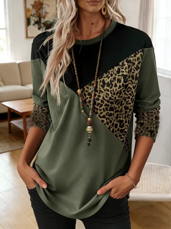 Casual Color Block Crew Neck Long Sleeve T-shirt