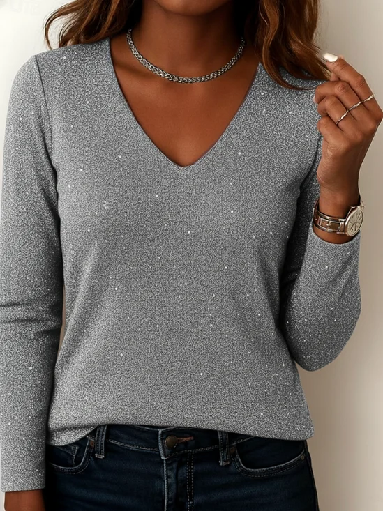 Casual Plain V Neck Long Sleeve T-shirt