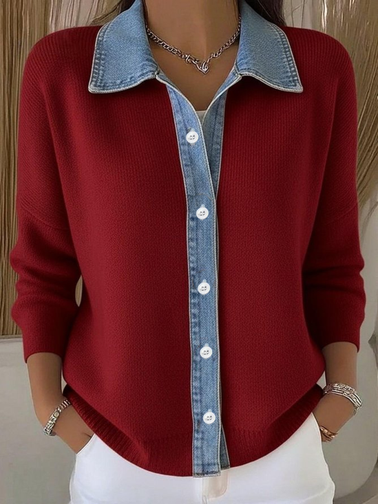 Women Knitted Multicolor Block Long Sleeve Comfy Casual Cardigan