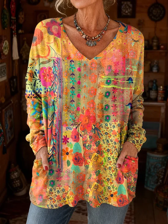 Vintage Floral V Neck Long Sleeve T-shirt