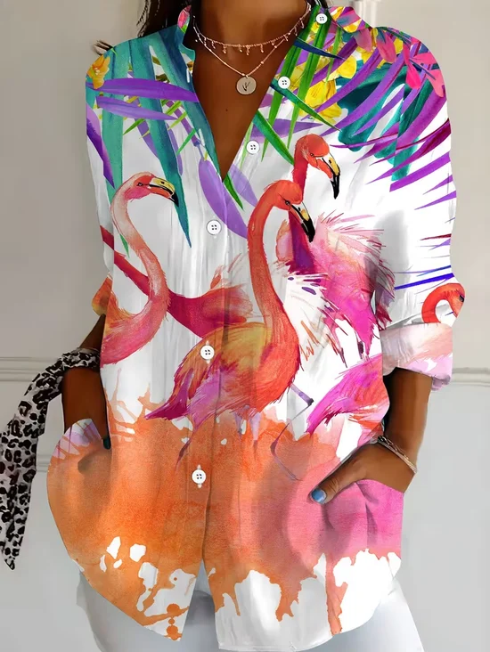 Shirt Collar Regular Sleeve Long Sleeve Flamingo Buckle Regular Loose Button Up Shirt Shirt For Women