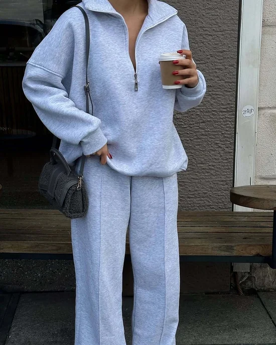 Women Plain Two-Piece Set Daily Long Sleeve Casual Spring/Fall Top With Pants Matching Set