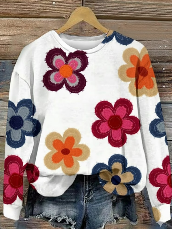 Casual Crew Neck Floral Sweatshirt Printing