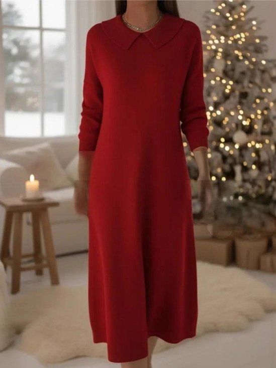Women Plain Autumn Dress Shawl Collar Long Sleeve Sweater A-Line Dress