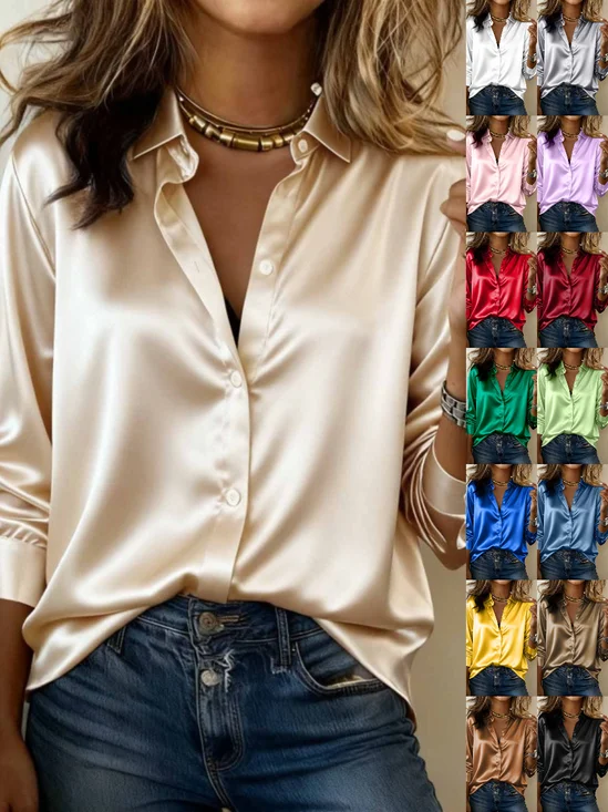 Stand Collar Long Sleeve Plain Split Joint Regular Micro-Elasticity Loose Tunic Shirt For Women