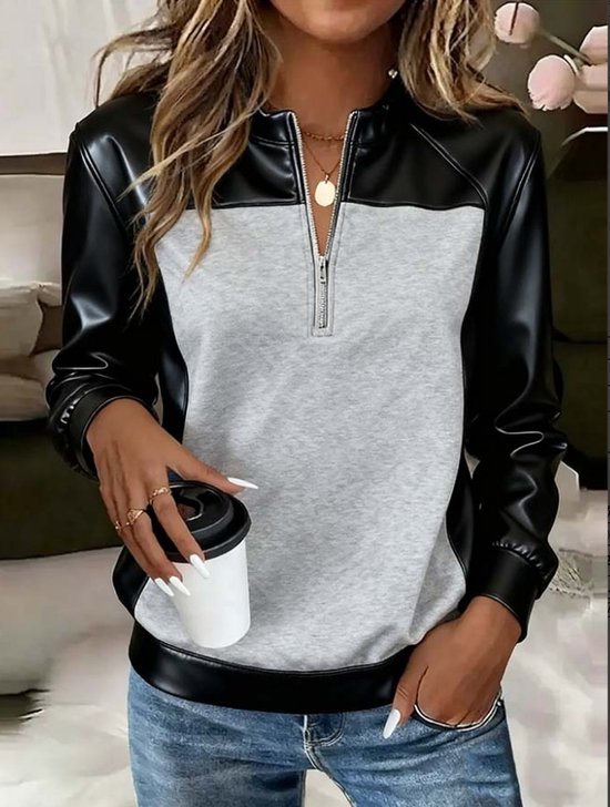 Vintage Stand Collar Color Block Sweatshirt Split Joint