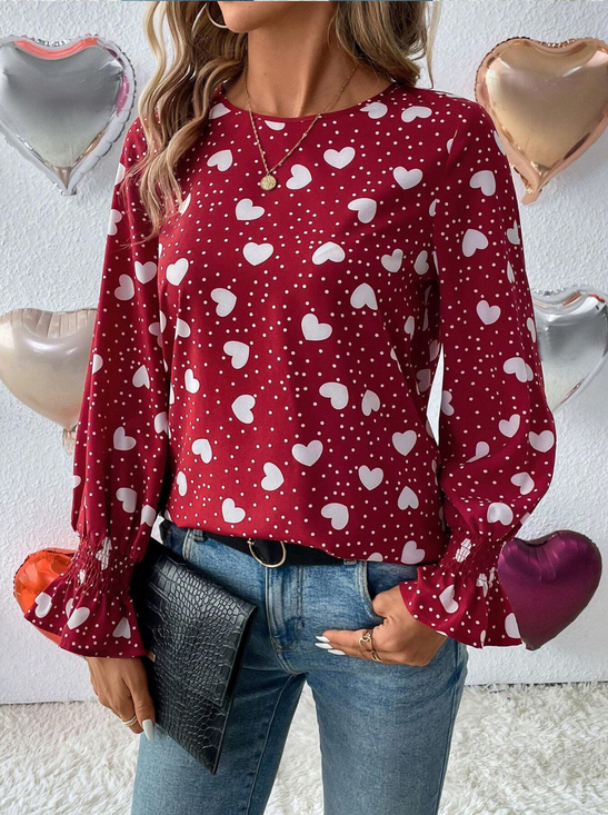 Crew Neck Long Sleeve Polka Dots Regular Loose Blouse For Women
