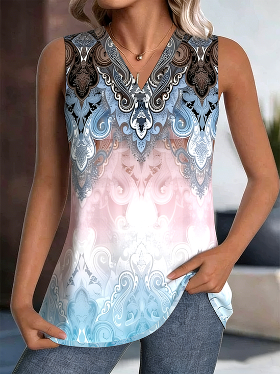 Casual V Neck Geometric Tank Top