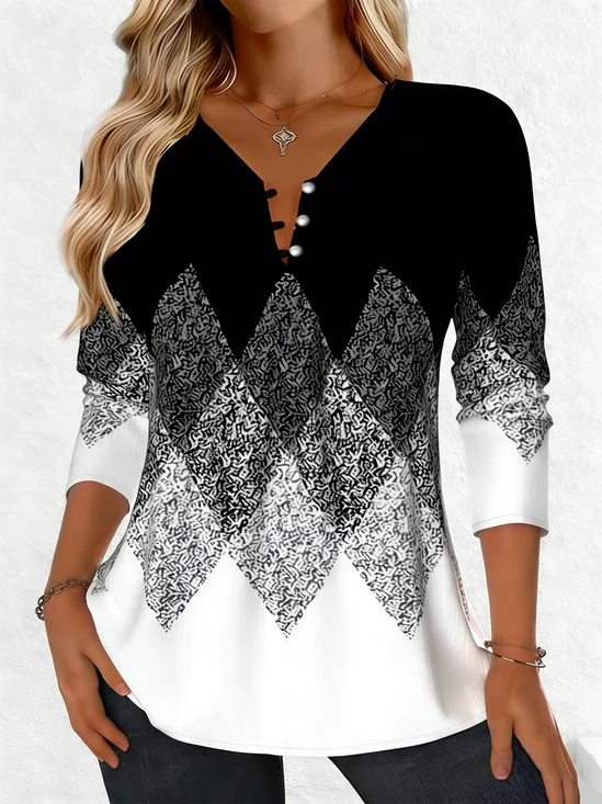 Elegant Geometric V Neck Long Sleeve T-shirt