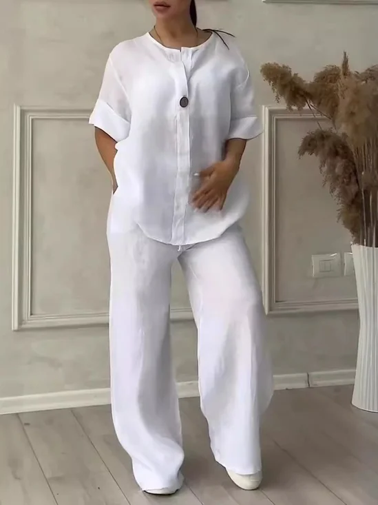 Women Plain Two-Piece Set Daily Long Sleeve Casual Spring/Fall Top With Pants Matching Set