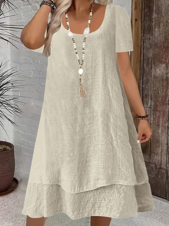 Women Plain Summer Dress Crew Neck Short Sleeve A-Line Dress