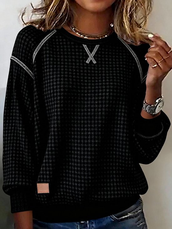 Casual Crew Neck Plain Sweatshirt Jacquard