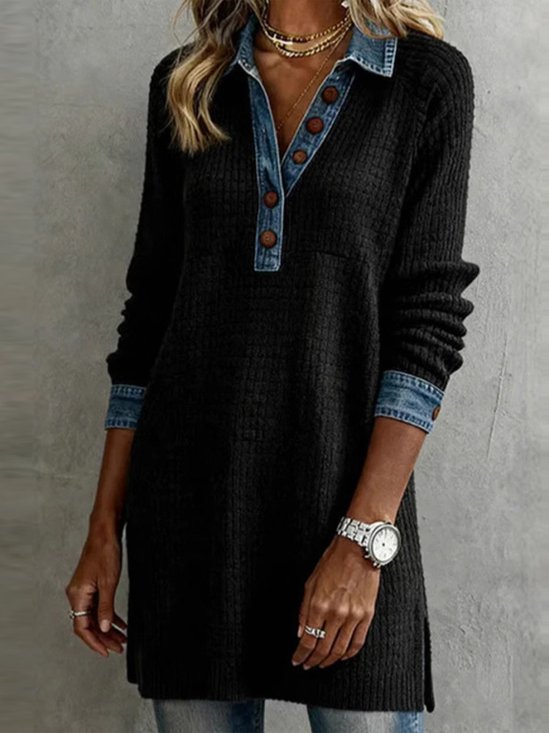 Women Color Block Spring/Fall Dress Shawl Collar Long Sleeve Shirt Dress A-Line Dress