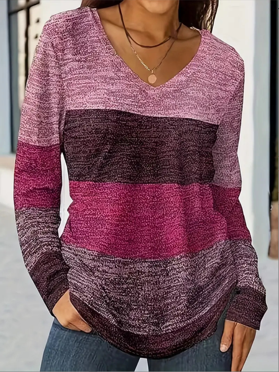 Casual Striped V Neck Long Sleeve T-shirt
