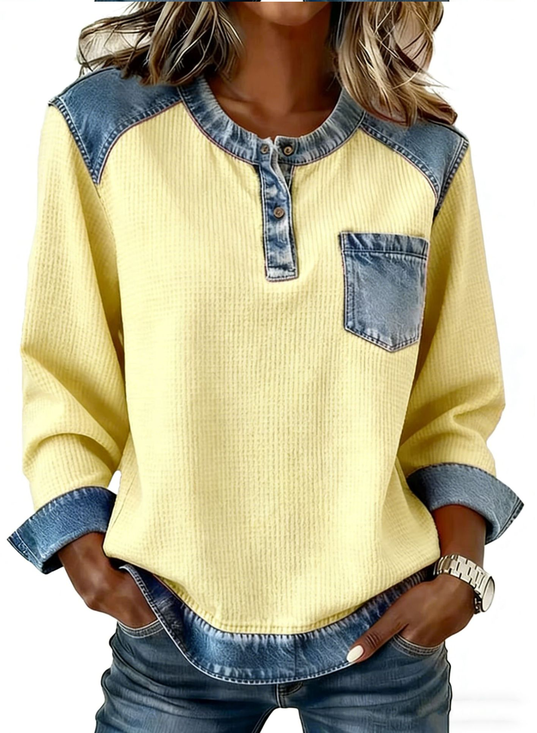 Crew Neck Long Sleeve Color Block Regular Loose Blouse For Women