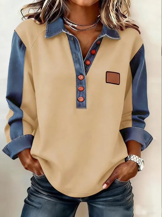 Shawl Collar Long Sleeve Color Block Regular Loose Blouse For Women