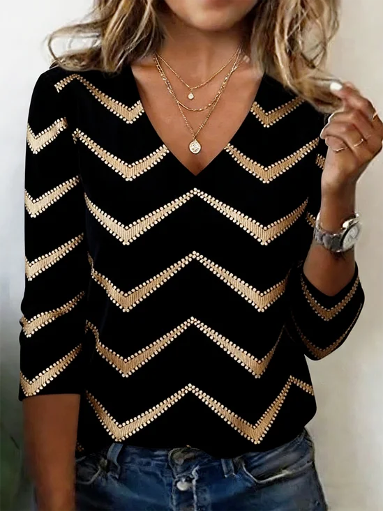Casual Striped V Neck Long Sleeve T-shirt