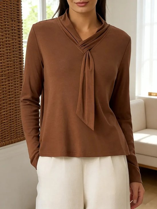 Mock Neck Long Sleeve Plain Split Joint Regular Micro-Elasticity Loose Tunic Shirt For Women