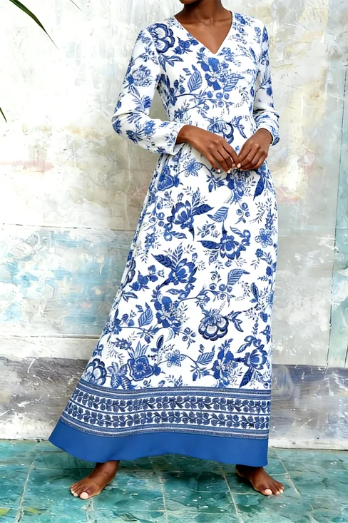 Women Floral Spring/Fall Dress V Neck Long Sleeve T-Shirt Dress A-Line Dress