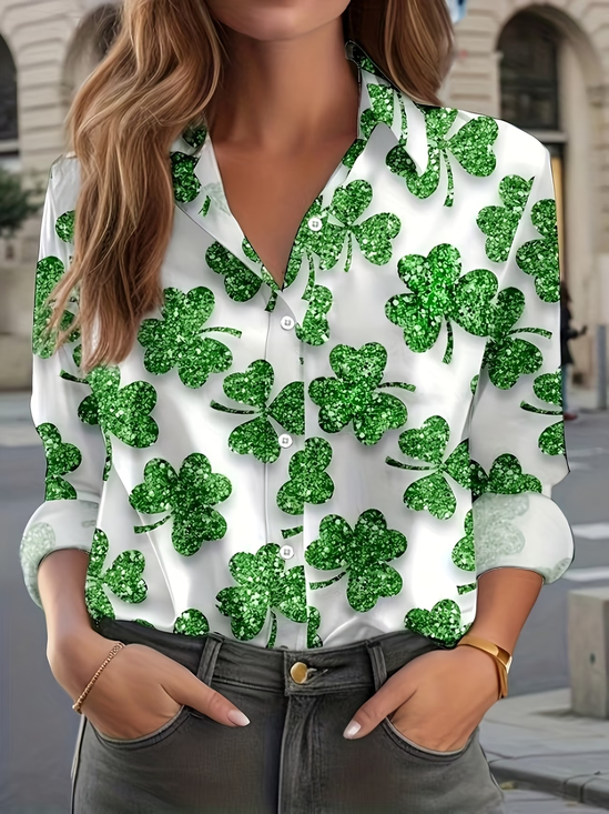 Shirt Collar Regular Sleeve Long Sleeve Shamrock Buckle Regular Loose Button Up Shirt Shirt For Women