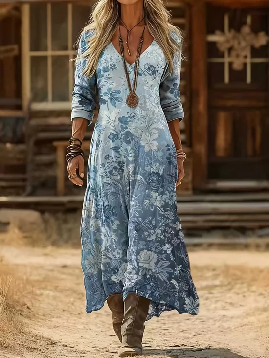 Women Floral Spring/Fall Printing Dress V Neck Long Sleeve H-Line Dress