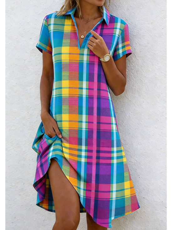 Women Plaid All Season Dress Shawl Collar Short Sleeve Shirt Dress A-Line Dress