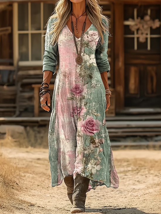 Women Floral Spring/Fall Printing Dress V Neck Long Sleeve H-Line Dress
