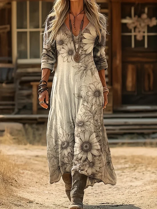 Women Floral Spring/Fall Printing Dress V Neck Long Sleeve H-Line Dress