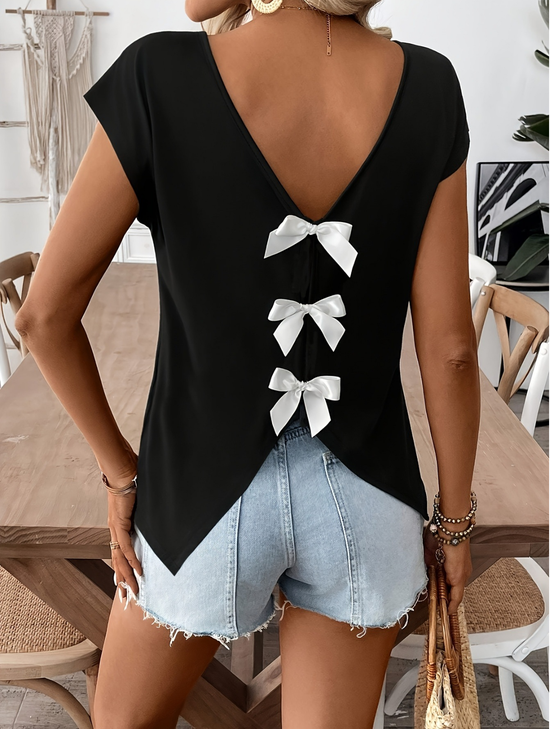 Elegant Color Block V Neck Cap Sleeve T-shirt