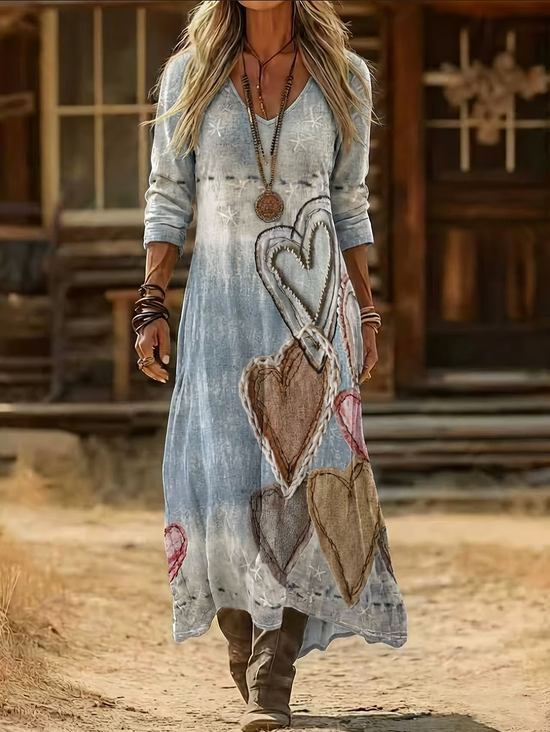 Women Heart/Cordate Spring/Fall Printing Dress V Neck Long Sleeve H-Line Dress